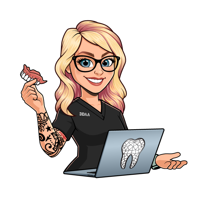 Cartoon woman in black scrubs holding denture and sitting at laptop with tooth symbol