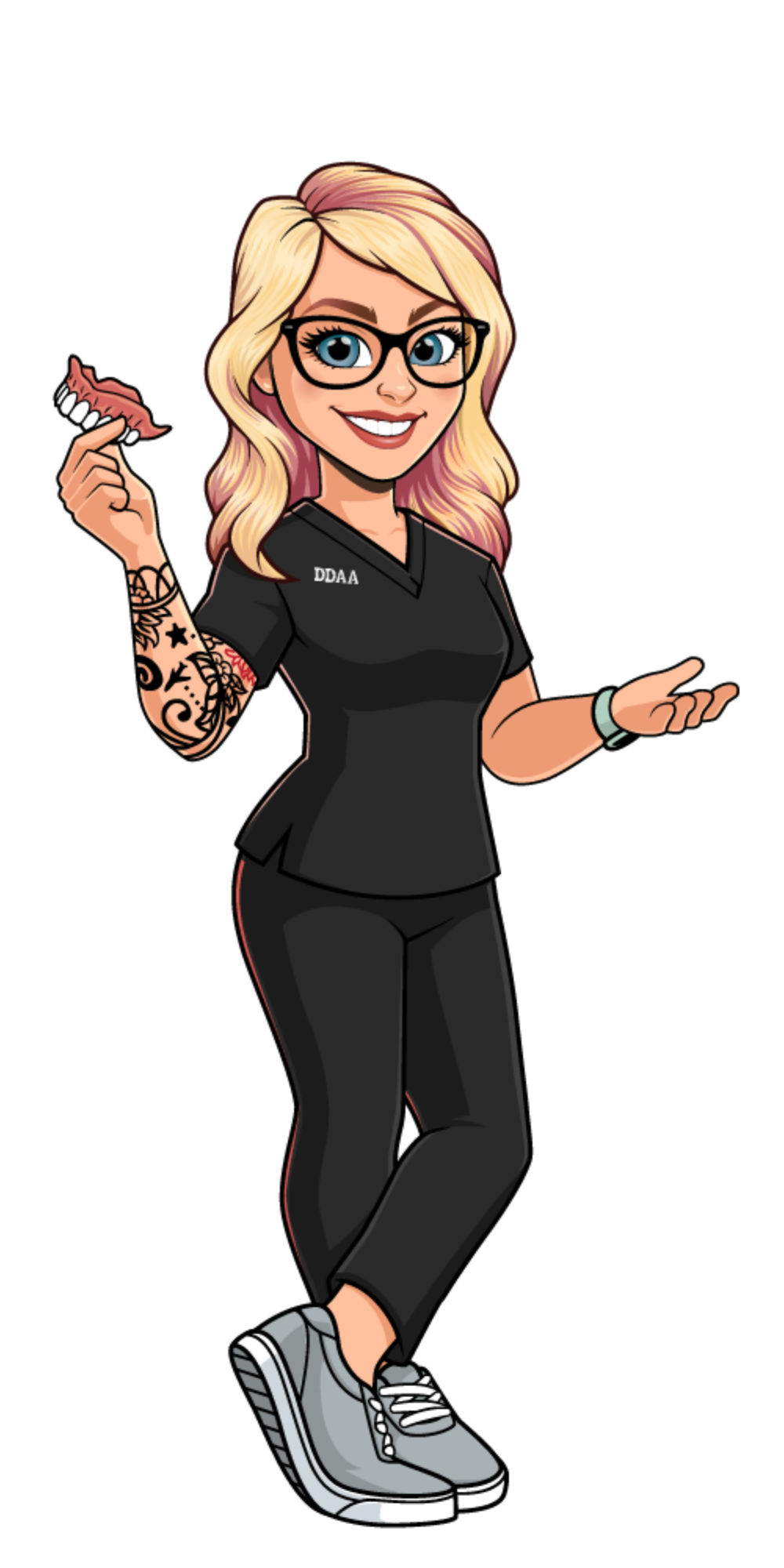 Illustrated dental assistant holding denture model and smiling