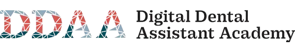 DDAA patterned initials with Digital Dental Assistant Academy text on gray background