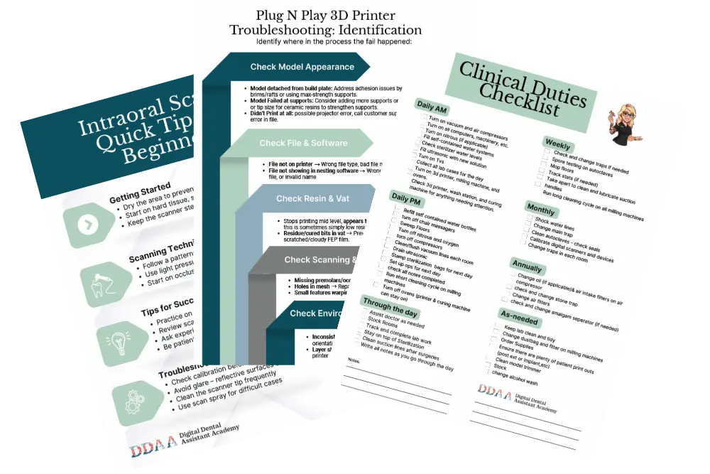 Dental guides including intraoral scanning tips, 3D printer troubleshooting, and clinical checklist