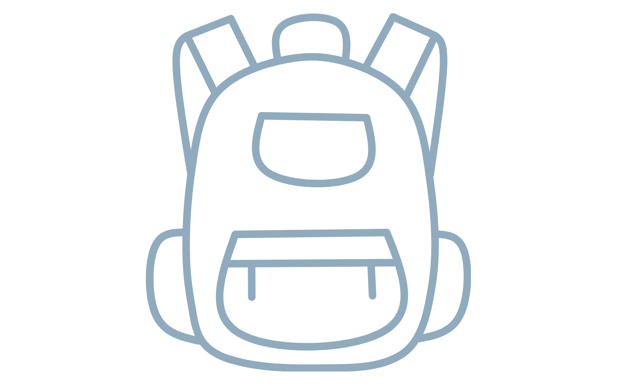 Light blue backpack icon with straps and front pocket on transparent background