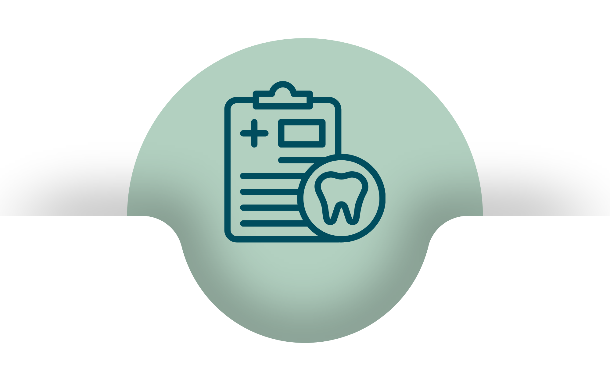 Teal dental clipboard icon with tooth symbol on green circular background