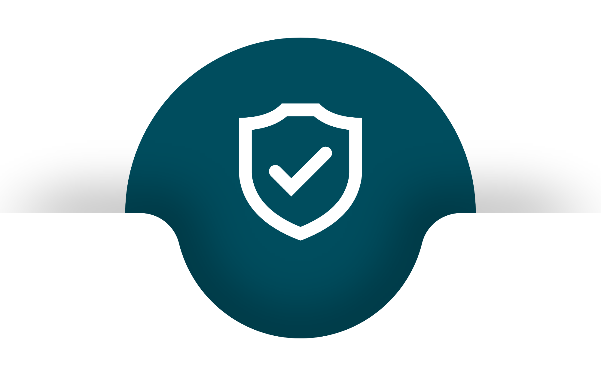 White shield with check mark on dark teal circular background