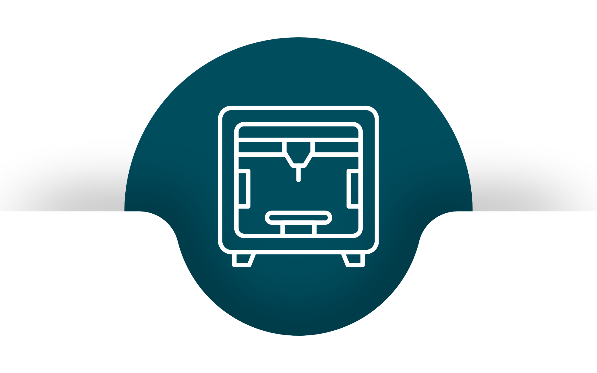 White 3D printer icon on dark teal circular background