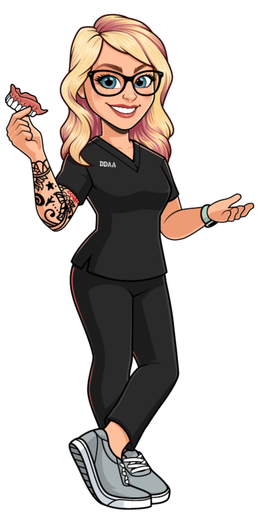 Cartoon woman with glasses holding dentures and wearing scrubs