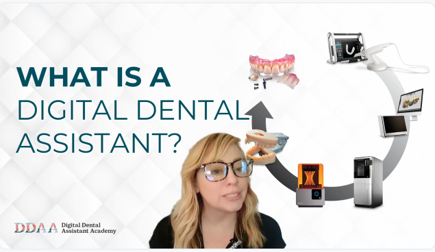 Slide titled What Is a Digital Dental Assistant with presenter and dental workflow icons